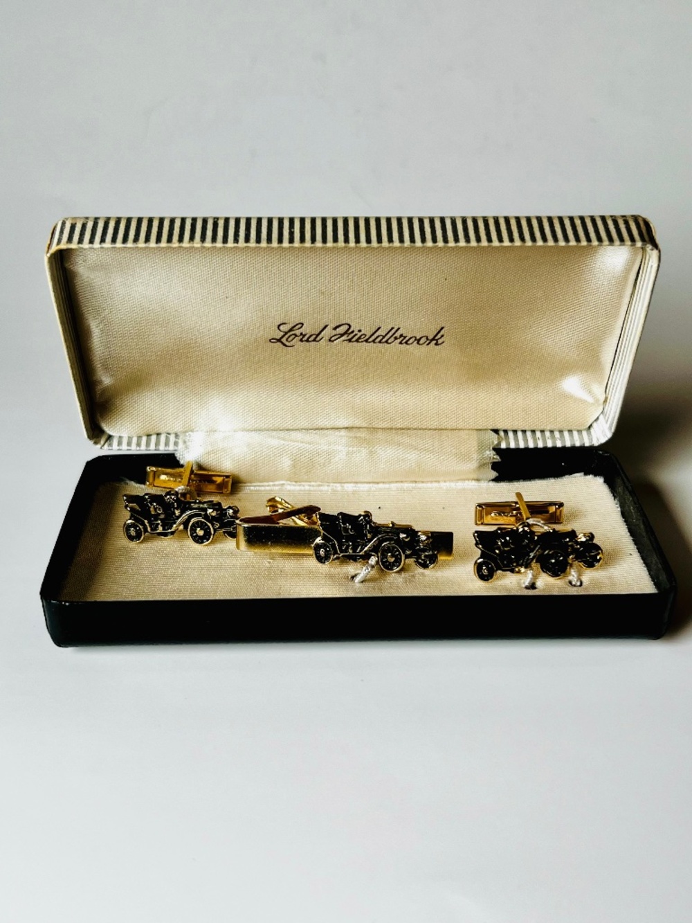 Vintage Gold Tone Antique Car Cufflinks & Tie Clasp Set